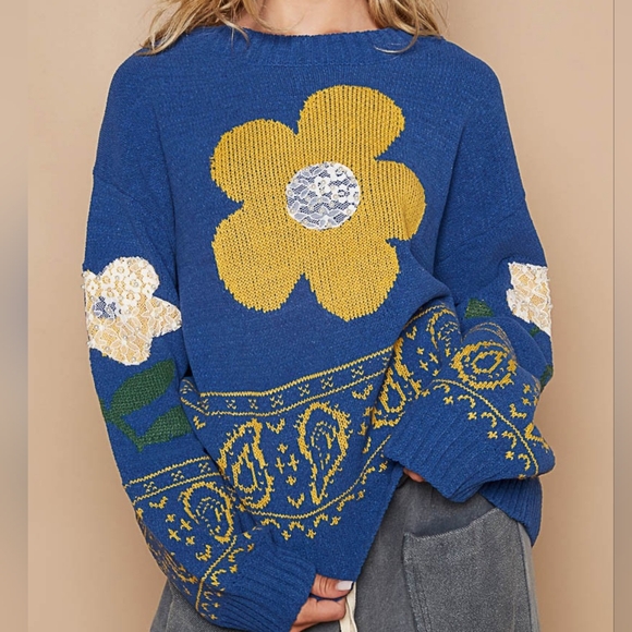 POL Sweaters - POL Yellow Flower Lace Patch Long Sleeve Oversized Blue Sweater S M L
